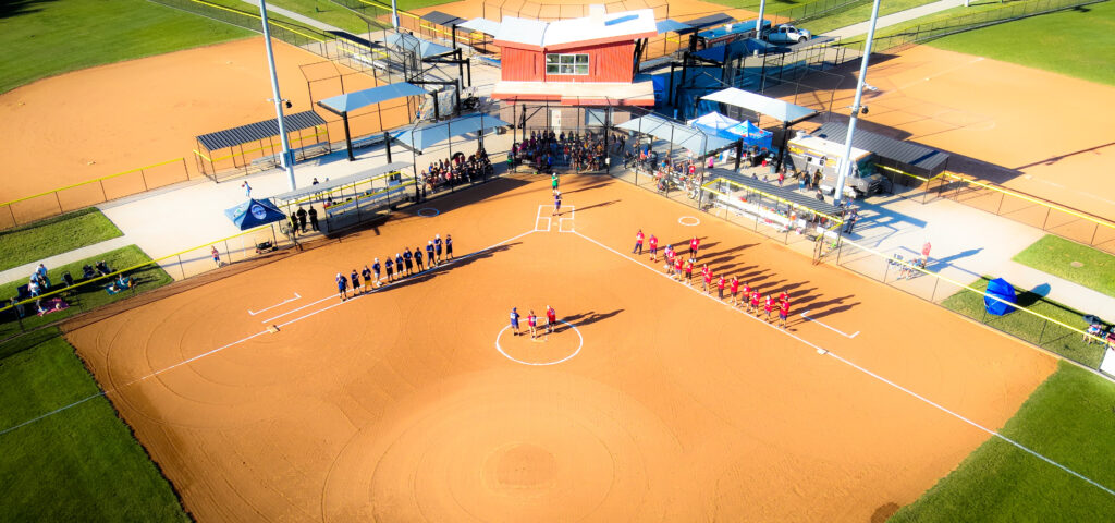 Aerial Photograph of softball field with players