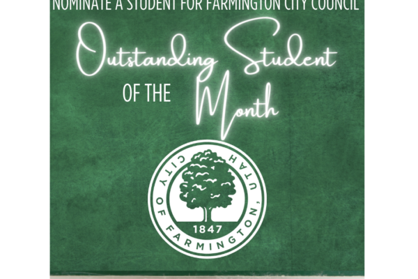 green erased blackboard with Outstanding student of the month, white Farmington City Seal below