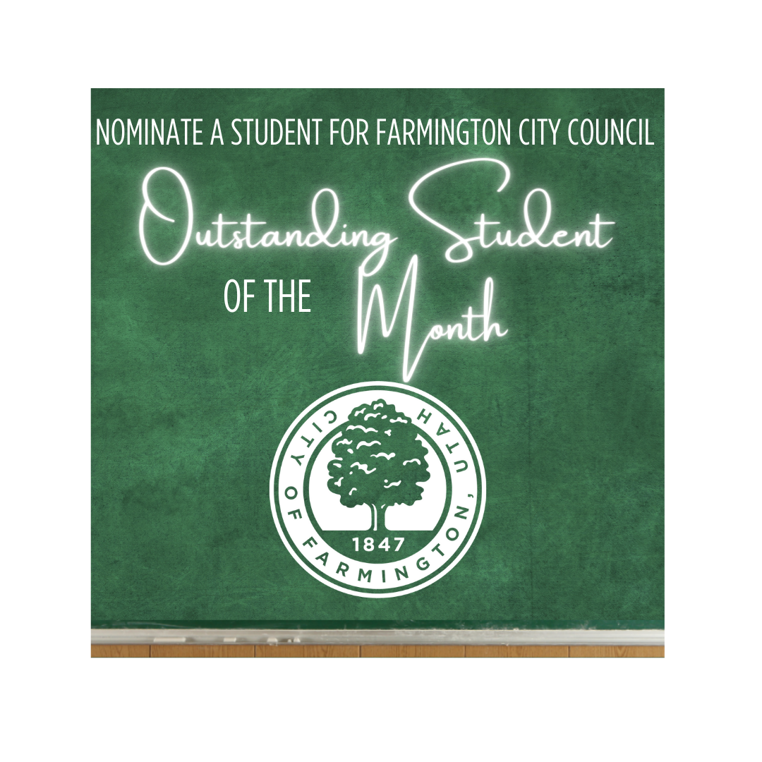 green erased blackboard with Outstanding student of the month, white Farmington City Seal below