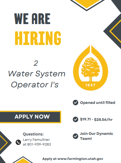 FARMINGTON CITY WATER SYSTEMS OPERATOR I Job Announcement