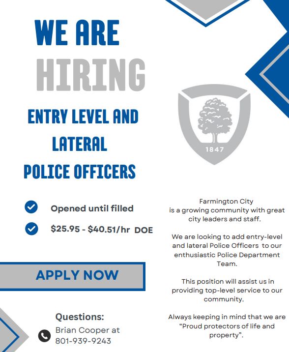 Blue and gray police officer job posting, with gray shield tree logo