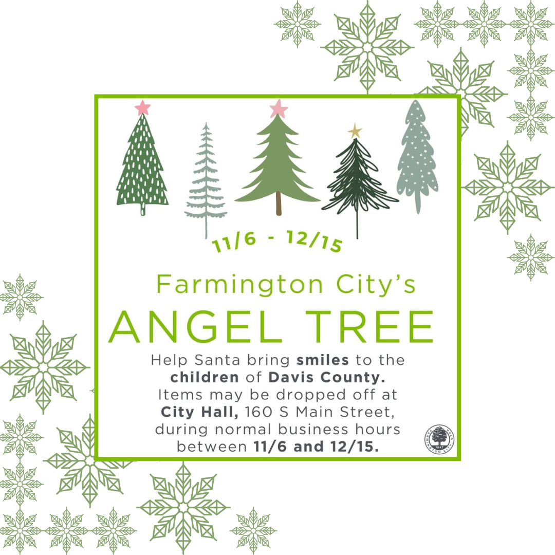 green cartoon pine trees with Angel Tree text underneath