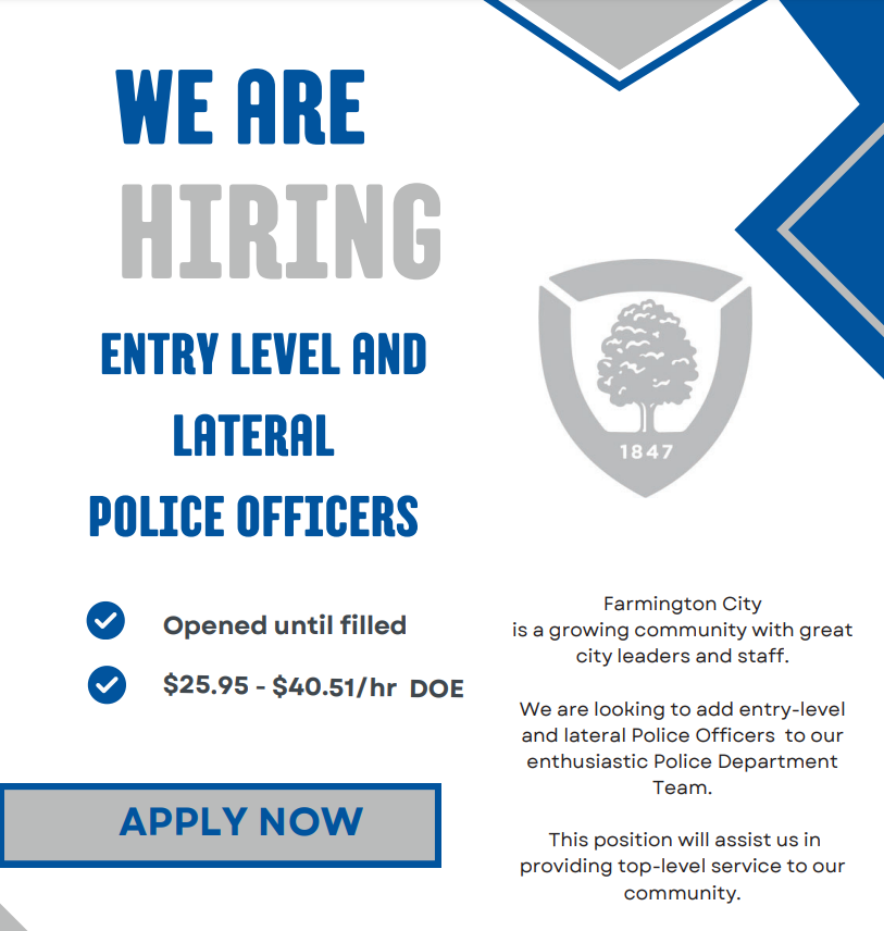 Hiring Entry Level and Lateral Police Officers, $25.95-$40.51/hr DOE