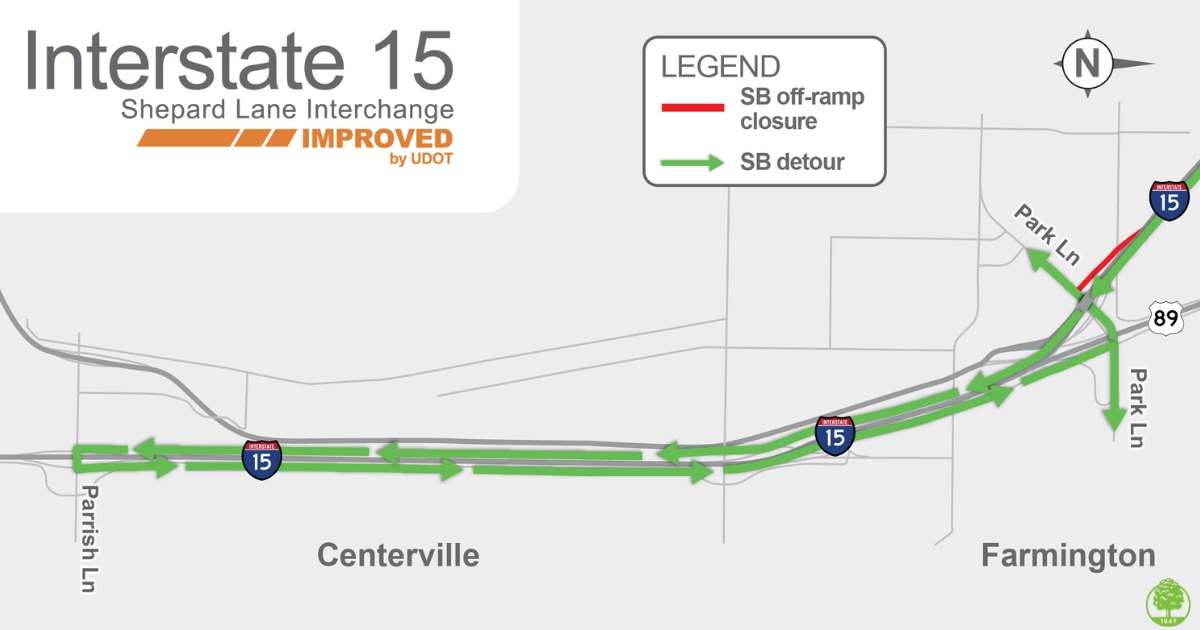 UPDATE FROM UDOT:

The southbound I-15 off-ramp to Park Lane (Exit 325) will be closed overnight during the following dates and times for sign installation:

⚠️10 p.m. to 5 a.m. March 3-6

⚠️10 p.m. to 10 a.m. March 7

During this closure, drivers can detour by continuing south to Parrish Lane (Exit 319), turn around, and travel north on I-15 to exit at Park Lane (Exit 324).