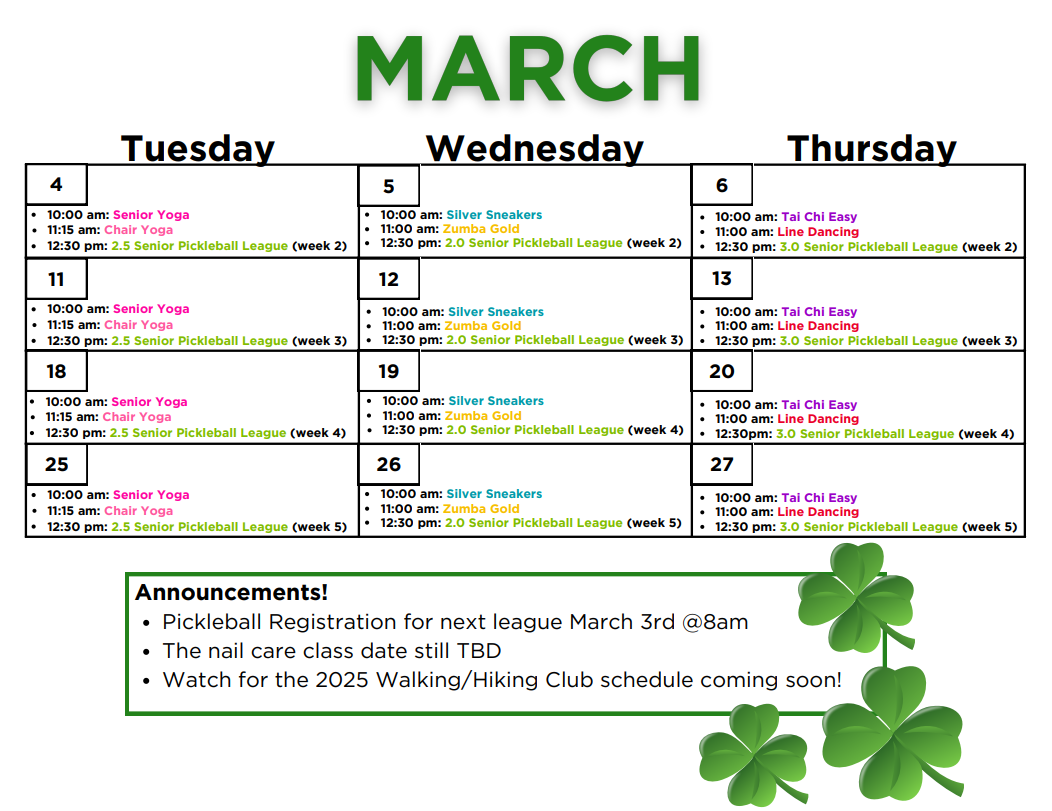 March calendar for the Active Aging Schedule. 